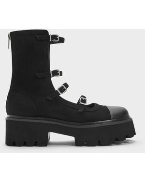 Charles & Keith Celia Faux Suede Multi-Strap Calf Boots - Black