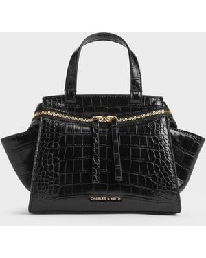 Charles & Keith Pansy Trapeze Croc-Effect Top Handle Bag - Black