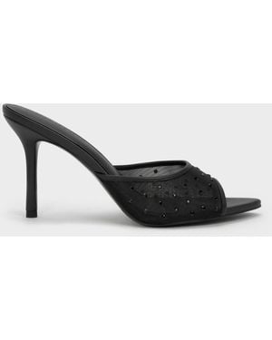 Charles & Keith Mesh Crystal Peep-Toe Heeled Mules - Black