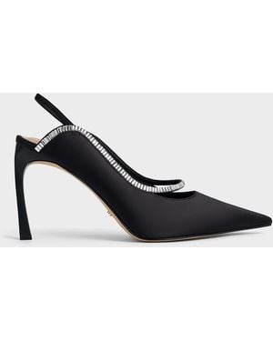 Charles & Keith Recycled Polyester Crystal-Embellished Pointed-Toe Slingback Court Shoes - White