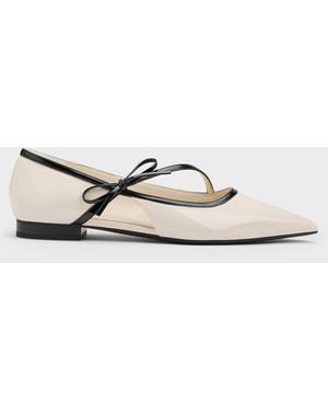 Charles & Keith Patent Contrast-trim Pointed-toe Bow-strap Flats - White