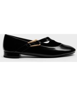 Charles & Keith Daena Leather Asymmetric-Strap Mary Janes - Black
