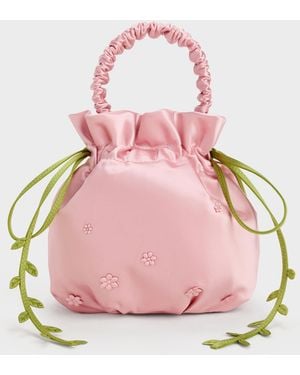 Charles & Keith Mabel Satin Floral-Vine Bucket Bag - Pink
