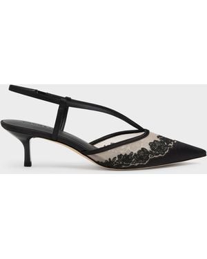 Charles & Keith Satin Embroidered-Mesh Slingback Kitten Heels - Multicolour