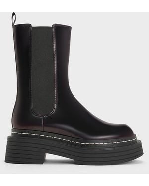 Charles & Keith Stitch-Trim Platform Chelsea Boots - Black