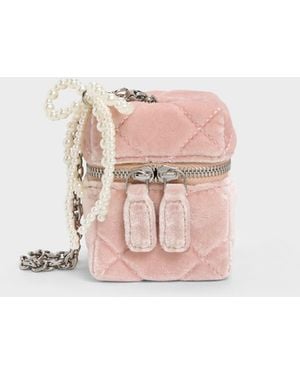 Charles & Keith Janie Velvet Quilted Pearl-Bow Micro Bag - Pink