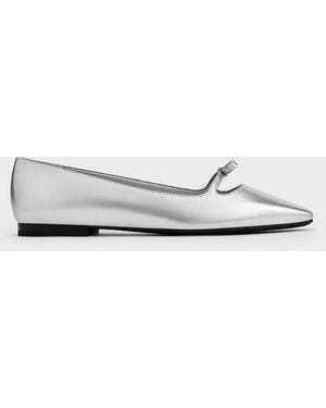 Charles & Keith Metallic Bow Square-Toe Ballet Flats - White