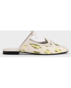 Charles & Keith Floral-Print Lace-Up Bow Ballet Mules - White