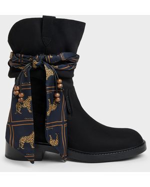 Charles & Keith Faux Suede Printed-Scarf Calf Boots - Black