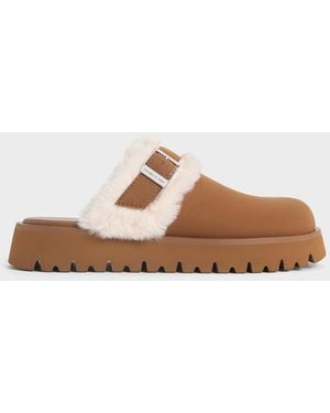 Charles & Keith Hannah Textured Fur-Trim Buckled Mules - Brown