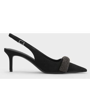 Charles & Keith Faux Suede Crystal Pointed Slingback Pumps - Black