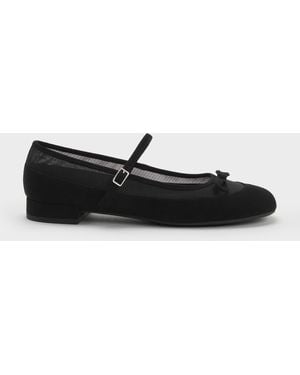 Charles & Keith Mulligan Faux Suede & Mesh Mary Janes - Black