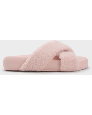 Charles & Keith Lumi Faux Shearling Crossover-Strap Slide Sandals - Pink
