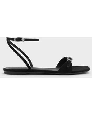 Charles & Keith Faux Suede Crystal-Buckle Ankle-Strap Sandals - White