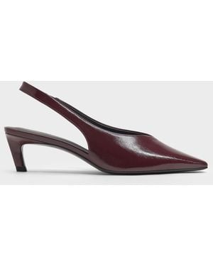 Charles & Keith Patent Tapered Square-Toe Slingback Kitten Heels - Brown