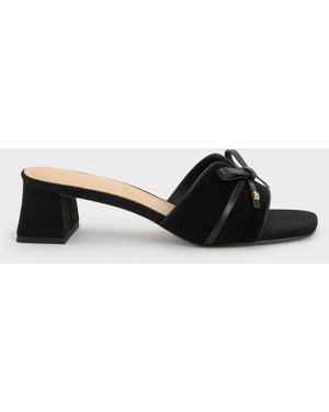 Charles & Keith Leather & Suede Bow Heeled Mules - Black