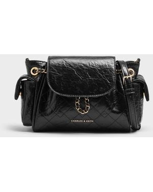 Charles & Keith Duo Quilted Two-Way Front Flap Backpack - Black