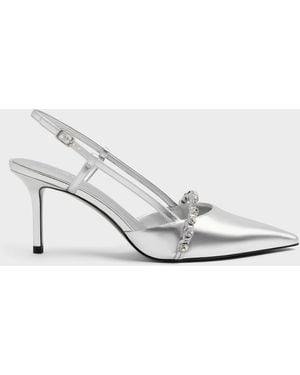 Charles & Keith Metallic Crystal Slingback Court Shoes - White