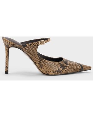 Charles & Keith Snake-Print Buckle-Strap Mules - White