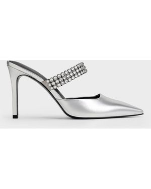 Charles & Keith Patent Crystal-Embellished Heeled Mules - White