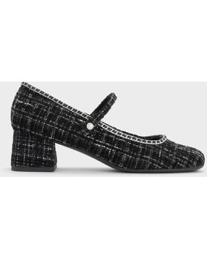 Charles & Keith Tweed Braided-Chain Block-Heel Mary Jane Court Shoes - Black