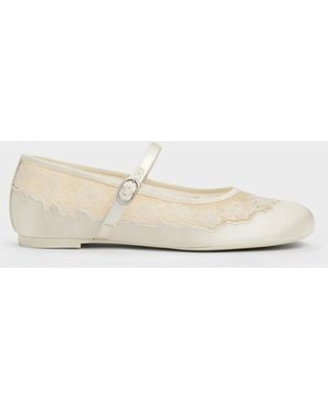 Charles & Keith Satin Embroidered-mesh Mary Jane Flats - Natural