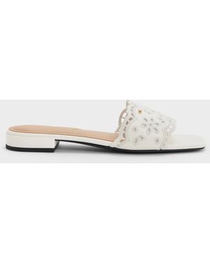 Charles & Keith Leather Embroidered Slide Sandals - White