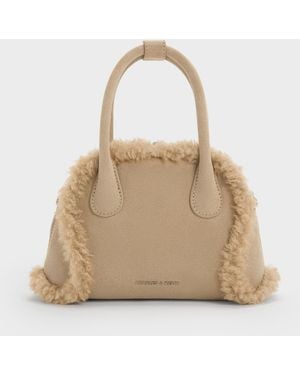 Charles & Keith Nelly Recycled Suede & Faux Shearling Bowling Bag - Natural