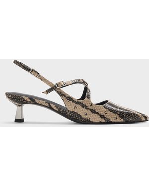 Charles & Keith Pauline Snake-Print Crossover Slingback Kitten Heels - Multicolour