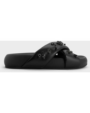 Charles & Keith Lumi Gem & Pearl Flatform Sandals - Black