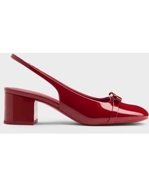 Charles & Keith Dorian Patent Bow Block-Heel Slingback Court Shoes - Red