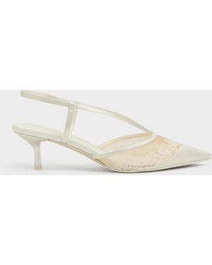 Charles & Keith Satin Embroidered-Mesh Slingback Kitten Heels - Natural