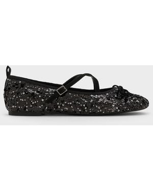 Charles & Keith Sequinned Crossover Mary Jane Flats - Black