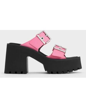 Charles & Keith Trill Grommet Double-strap Platform Mules - Pink