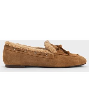 Charles & Keith Gavyn Suede Shearling-Lined Boat Shoes - Brown