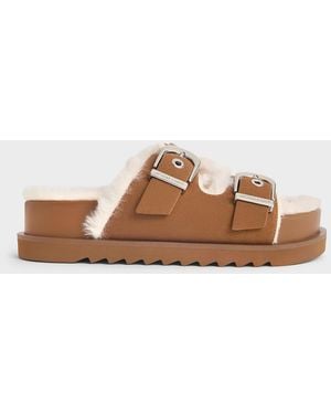 Charles & Keith Hannah Furry Buckled Double-Strap Sandals - Brown
