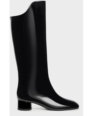 Charles & Keith Patent Elongated Square-Toe Knee-High Boots - Black