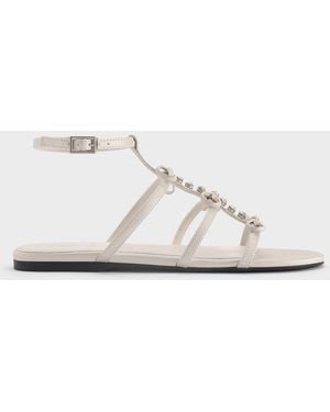 Charles & Keith Gem-Embellished Bow T-Bar Sandals - Natural