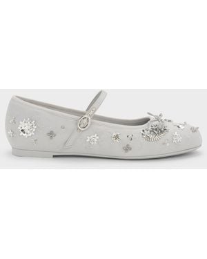 Charles & Keith Sadira Satin Embroidered Sequinned Mary Jane Flats - White