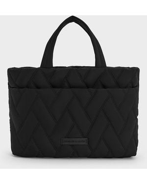 Charles & Keith Nylon Chevron Boxy Tote Bag - Black