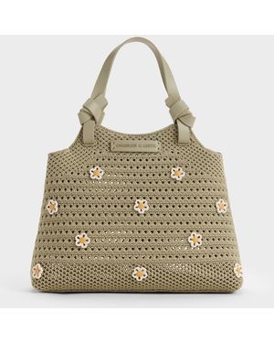 Charles & Keith Mini Ida Flower Knitted Tote Bag - Natural