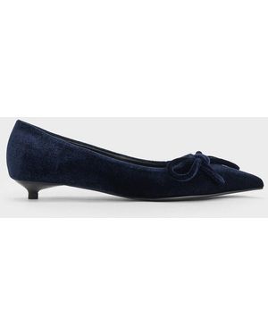 Charles & Keith Velvet Bow Pointed-Toe Kitten-Heel Pumps - Blue