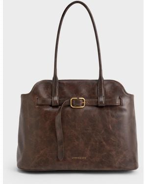 Charles & Keith Victoria Belted Trapeze Tote Bag - Brown