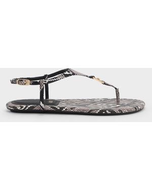 Charles & Keith Leather Snake-print T-bar Thong Sandals - Multicolour