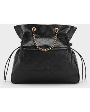 Charles & Keith Duo Quilted Drawstring Two-Way Backpack - Black