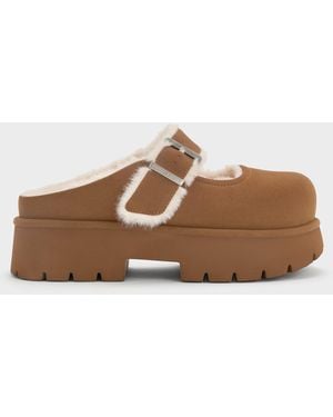Charles & Keith Bergen Textured Fur-Trim Buckled Platform Mules - Brown