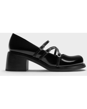 Charles & Keith Triple-Strap Crossover Block-Heel Mary Janes - Black