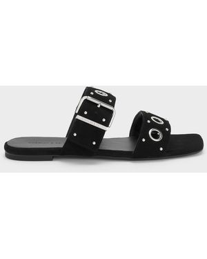 Charles & Keith Faux Suede Grommet Buckled Slides - Black