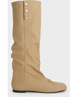 Charles & Keith Gael Twill Studded Slouchy Knee-High Boots - White