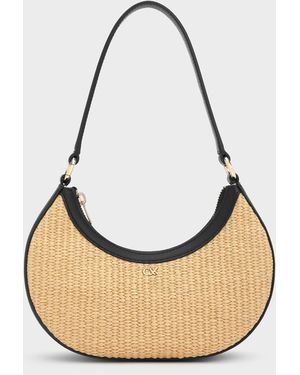 Charles & Keith Leather & Raffia Crescent Hobo Bag - White